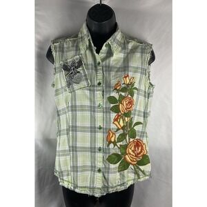 Banana USA Women's  Size M Plaid Sleeveless Embroidered Button Up Top Runs Small